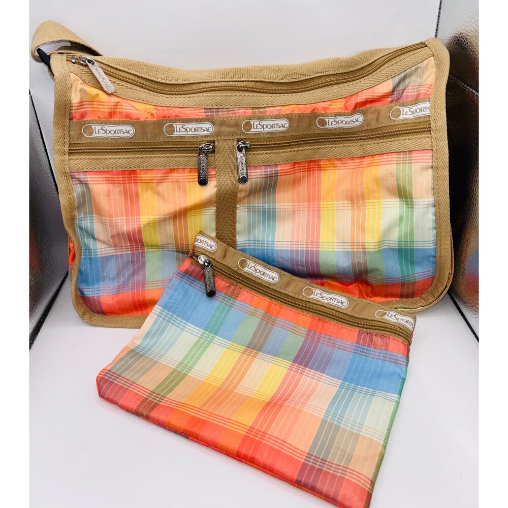 Le Sportsac Deluxe Plaid Logo Multi=Pocket Messenger Bag Rainbow Multicolor